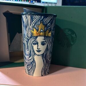 2016 Starbucks Tumbler Blue Mermaid Anniversary Gold Crown 16’ 12oz Coffee Mug